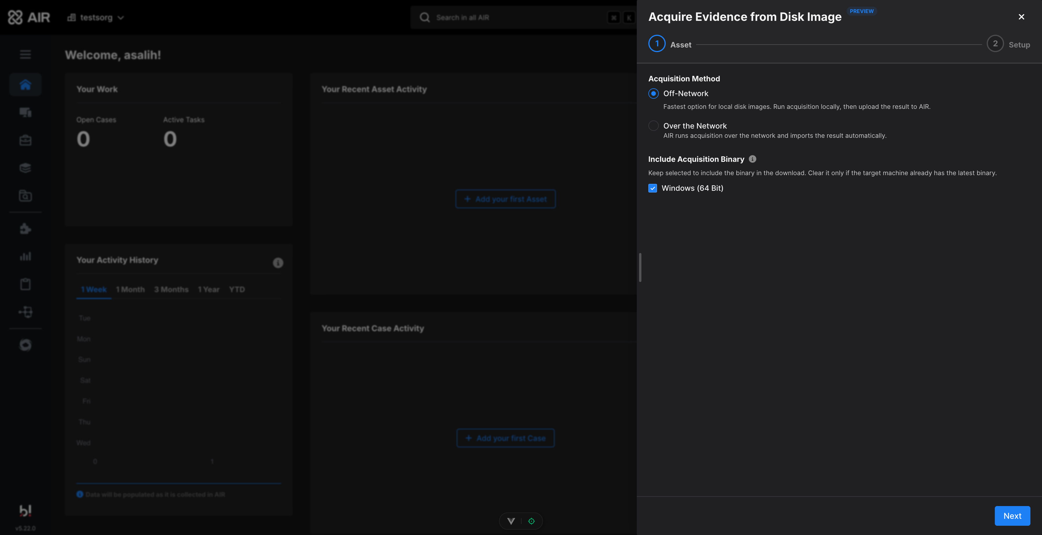 Wizard with Off-Network selected and Include Acquisition Binary checkbox